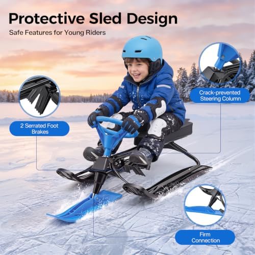 Snow Scooter for Kids & Adults, Steerable Ski Bike Sled with Steering Wheel & Dual Serrated Brakes, Heavy Duty 220 LBS Capacity Snow Racer Sled for Children Teens Adults Safe Winter Sport Toy