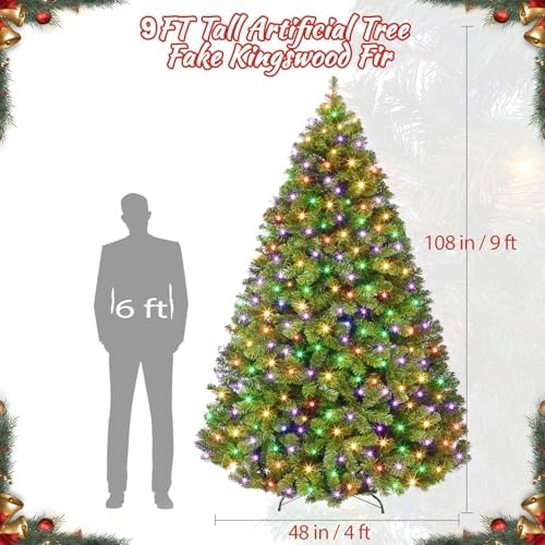 GAOMON 9ft Prelit Fraser Fir Wide Artificial Christmas Tree with RGBW Light