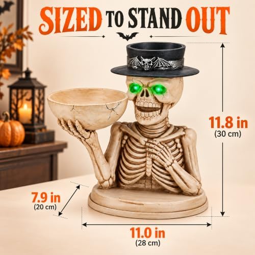Halloween Skeleton Candy Bowl and Candle Holder with Glowing Eyes