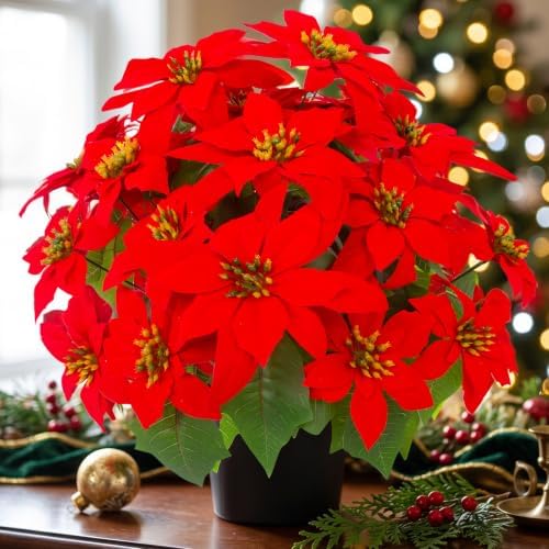 Daynight 2Pcs Artificial Poinsettias with Pots Christmas Flowers, 17.7"