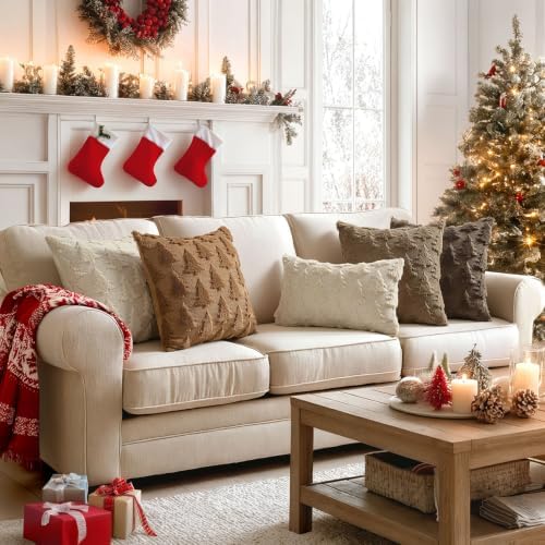 MIULEE Christmas Throw Pillow Covers Brown Christmas Decorations Set of 2 Xmas Tree 18x18 Pillow Covers Soft Plush Faux Wool Pillowcases Holiday Festivals Winter Home Decor Sofa Couch Bed Porch