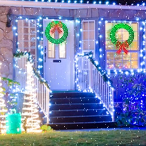 Lighted Christmas Wreath Outdoor Decorations, 24in Small Christmas Wreath 110 Lights with 8 Flashing Effects, Prelit Wreath Plug-in and Battery Operated with Timer for Door, Window, Garage-Green