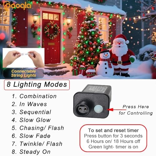Red and Green Christmas String Lights, 66 ft 200 LED Christmas Lights Plug in, Indoor Outdoor Connectable 8 Modes Twinkle Fairy String Lights for Xmas Tree Wedding Bedroom Party, Clear Wire