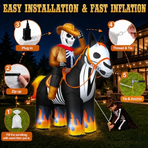 zukakii 7FT Halloween Inflatables Decorations Outdoor Skeleton Cowboy Riding Inflatable Horse Built-in Bright LEDs Flame-Hoofed Western Halloween Blow Up Yard Decoration Blowup for Lawn Party