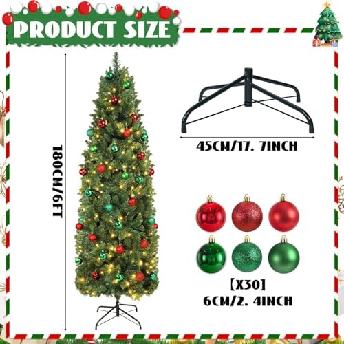 31 Pcs 6 Ft Artificial Slim Christmas Tree with 200 LED Warm White String Lights 30 Red Green Ball Ornaments Skinny Thin Pencil Tree with Metal Stand for Home Xmas Holiday Party Decoration