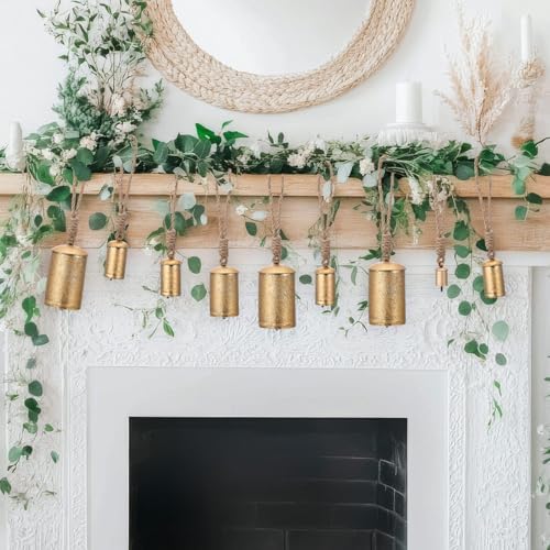 AceOrbit 12 Pcs Wedding Rustic Metal Cow Bells Set 1.75"/3"/4"/5" Hanging Vintage Giant Gold Christmas Harmony Bells on Jute Rope Vintage Farmhouse Xmas Tree Ornaments for Craft Wedding Decorations