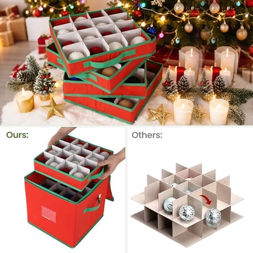 Christmas Ornament Storage Boxes Set of 2, Christmas Bauble Boxes with Removable Trays, Double Zipper, Tear-Resistant Non-Woven Fabric – Stores Upto 128 Christmas Balls