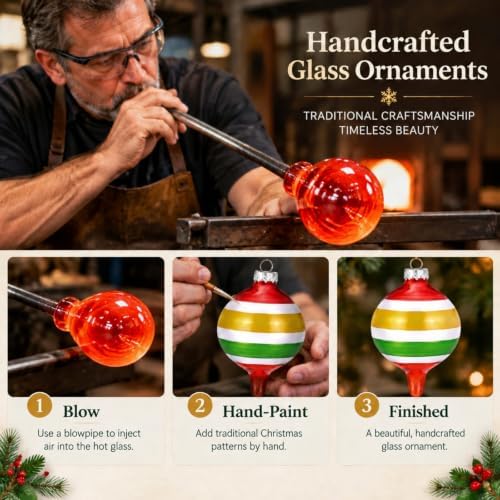Soulchen 10 Pcs Vintage Glass Christmas Ornaments, Stripes, Festive
