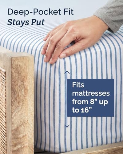 Twin XL Size 3 Piece Sheet Set - Breathable & Cooling Sheets - Blue Stripes