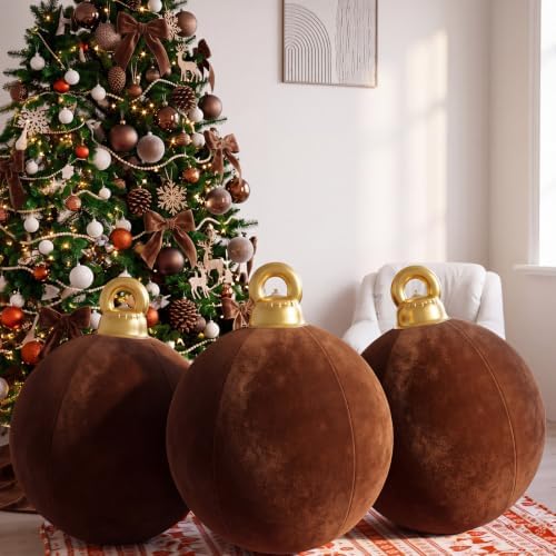 Jetec 3 Pcs 32 Inch Giant Velvet Christmas Inflatable Balls, Reddish-Brown