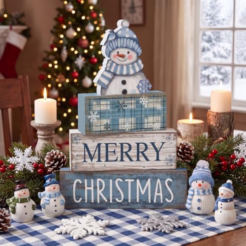 Lineshading 4 Pcs Christmas Table Decor, Blue Snowman Wooden Block Signs