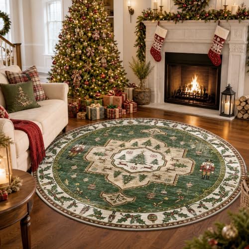 Engiw Christmas Rug 5 ft Round Area Rug, Washable Non-Slip, Soft Low Pile Carpet, Christmas Decorations for Living Room, Bedroom, Kitchen, Hallway, Entryway and Under Christmas Tree
