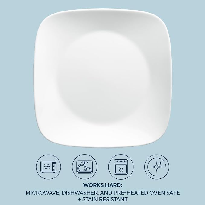 Corelle Vitrelle 18-Piece Service for 6 Square Dinnerware Set Triple Layer Glass and Chip Resistant, Lightweight Square Plates and Bowls Set, Pure White