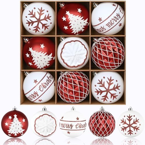 SHareconn 100MM/4 Inch 9PCS Large Christmas Balls Ornaments, Red and White