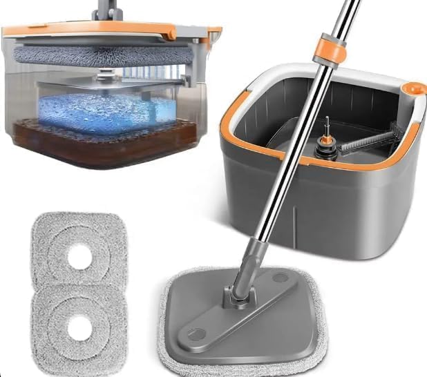LetsClean 360 Spin Mop and Bucket Clean and Dirty Water Separation System, Back Pain Free, Tile, Hardwood, Marble Floors Square Mop Head Easy Mopping Life, Grey, White, Orange