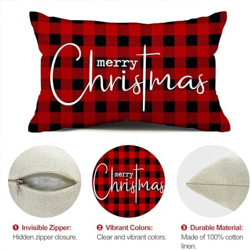 Allorry Christmas Pillow Covers Merry Christmas Throw Pillow Decorative Christmas Red and Black Cotton Cloth Linen Cloth Pillow Cover Sofa Cover Decorative Rectangle Length 12X20