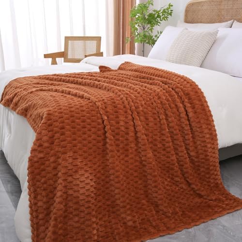 Puncuntex Burnt Orange Throw Blanket 90"×90" Fuzzy 3D Jacquard Decorative