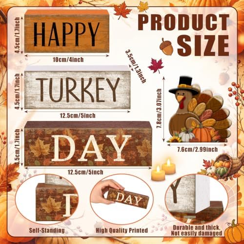 Moucuny 4 Pcs Thanksgiving Table Decor, Happy Turkey Day Wooden Block Signs