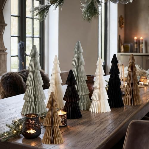 SUNBEUTY 8PCS Paper Christmas Trees, Neutral Honeycomb Christmas Tree, 3D Paper Trees, Christmas Tree Table Centerpieces for Home Xmas Tabletop Holiday Decor (Brown Black White Gray