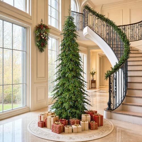 Glitzhome Prelit Pencil Artificial Christmas Tree, 11ft Slim Christmas Tree with 800 Warm White & Multi-Color LED Lights, Chicago Evergreen Spruce with 3,637 PE&PVC Tips, Easy Setup,Sturdy Metal Stand