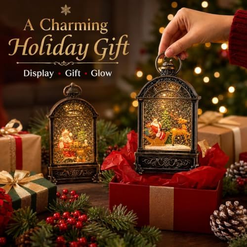 Christmas Snow Globe Lantern，Bronze‑Santa Sled & Reindeer