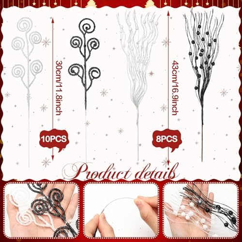 Daifunli 36 Pcs Christmas Tree Pick Spray Ornament, White Black, 17'' 12''
