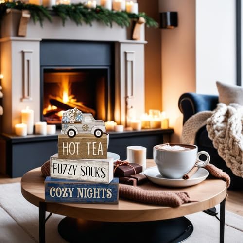 Lineshading 4 Pcs Snowflake Truck Tiered Tray Decor Wooden Block Signs