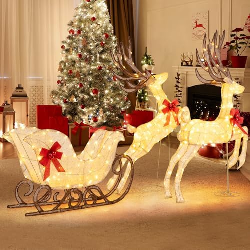 Tangkula 3-Piece Christmas Lighted Reindeer & Sleigh Set, Gold