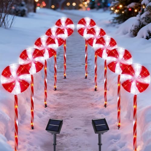 BRIGHTDECK 10 Pack Solar Christmas Pathway Lights, Red Lollipop Stakes