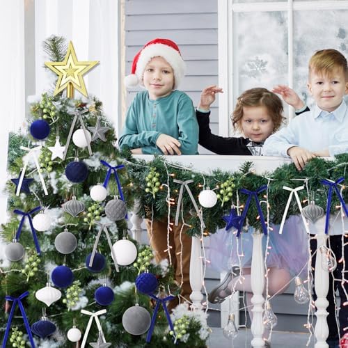 Hollowfly 95 PCS Velvet Christmas Tree Decor Set, Blue, Gray, White