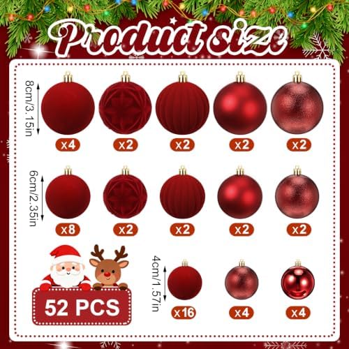 Civaner 52 Pcs Velvet Christmas Ball Ornaments Flocked Christmas Tree Hanging Ornaments 3 Assorted Size Shatterproof Xmas Ball Decorations Set for Xmas Holiday Winter Party Decor (Burgundy)