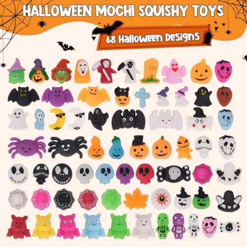 Tiaxidex 72 PCS Halloween Squishies Bulk Mochi Squishy Compact & Portables, Perfect Halloween Sensory Stress Balls for Kids & Adults, Halloween Trick or Treat, Classroom Prizes, and Party Favors