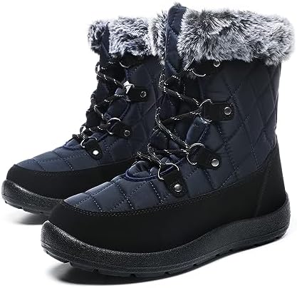 JSWEI Winter Boots for Women - Soft Comfortable Faux Fur Mid Calf Winter Snow Boots Totes Boots Lace up Snow Boots Winter Boots with Insulated Black for Outdoor