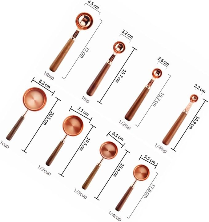 Healeved Measuring Spoon and Cup Set and Stainless Steel Construction 8pcs with Walnut Handle Double Graduated Units, Easy to Use and Clean, for Cooking and Baking