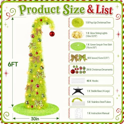 6FT Whimsical Pop-Up Christmas Tree with Lights 30” Tree Skirt, Green