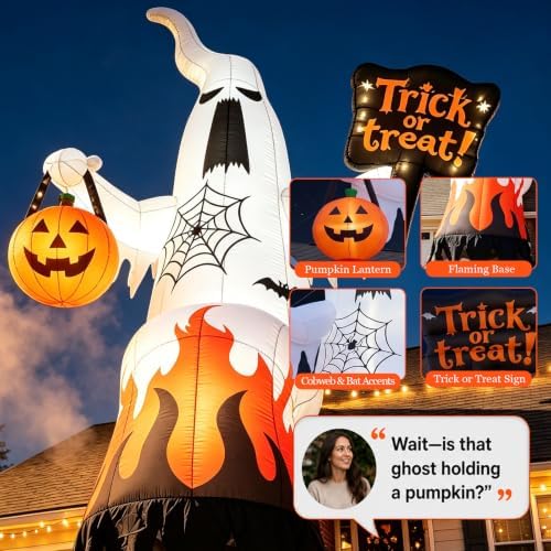 15 FT Halloween Inflatables Ghost Outdoor Decorations Blow Up Yard Ghost with Trick or Treat Sign & Pumpkin Lantern, Built-in LED Lights Inflatable Decor for Garden Lawn Indoor Party Decor