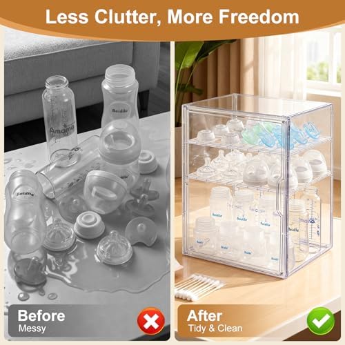 ERTIUANIO Baby Bottle Organizer – 3 Tier Bottle Storage Organizer Baby for Nipples, Pump Parts, Food Jars – Clear Acrylic Bottle Station Organizer for Countertop and Kitchen, Gifts for New Mom