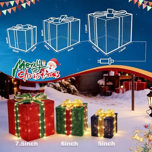 Set of 3 Christmas Lighted Gift Boxes - Warm White 160 LEDs Outdoor Decor