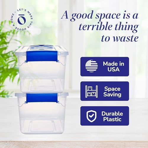 HOMZ Clear Plastic Storage Bins w/Latching Lid, 7.5 Qt, Blue, 5 Pack