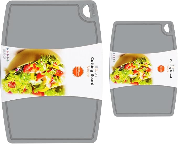 Thick Silicone Cutting Boards for Kitchen Silicone Chopping Boards/Mats Set of 2 Extra Large14.6''x10.43'', Mini 9.1”x7.1” Non-slip Deep Drip Juice Groove, Dishwasher Safe-Gray