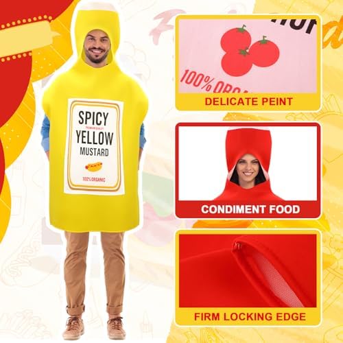 Newcotte 3 Pcs Ketchup and Mustard Couple's Costume, Halloween Food Set