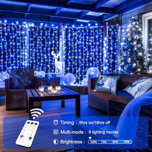 JMEXSUSS 300LED Christmas Curtain Lights Plug in, Blue and White, 9.8x9.8ft