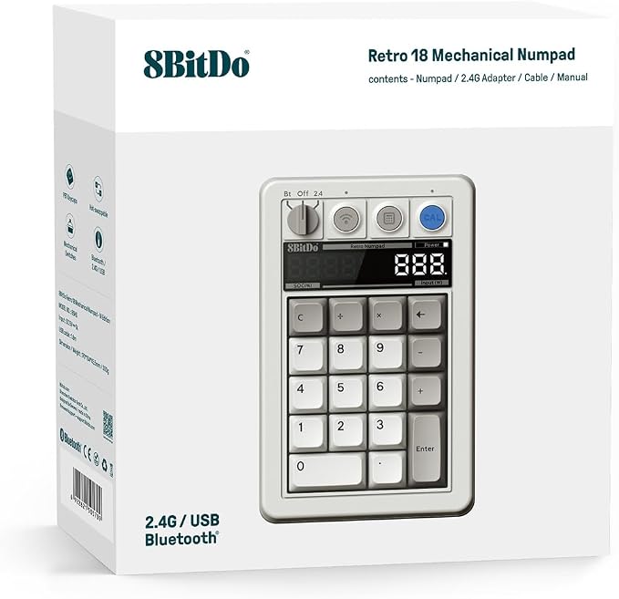 8Bitdo 18 Key Retro Mechanical Numpad, Supports PC & Standard Calculator Mode, Hot-swappable, PC Calculator Shortcut Button, Bluetooth/2.4G/Wired for Windows and Android - M Edition