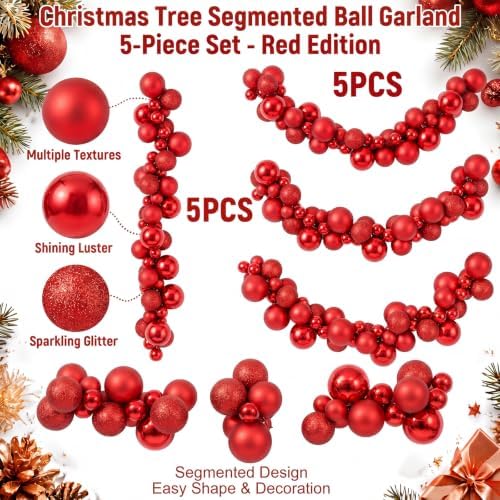 Silipull 5 Pcs 2.3 ft Large Christmas Ball Garland Ornaments, Red