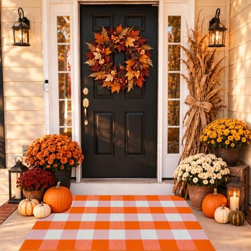 Orange and White Plaid Rug, 28'' x 43'' Fall Front Door Decor Mat, Cotton Washable Hand-Woven Door mat for Layered Doormat, Autumn Halloween Thanksgiving Carpet for Porch, Entryway