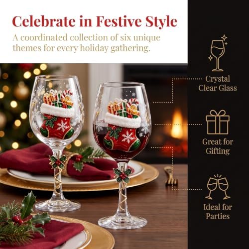 Christmas Wine Glass Collection Gift Box Set, Christmas Wine Glasses, Raised Holiday Goblet with Snowflake Decor, Festive Glassware, Wines & Cocktails, Holiday Party & Table Decor (D)