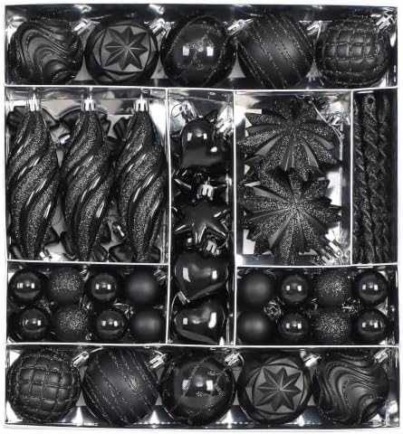82Pcs Christmas Tree Ornaments Set,Shatterproof Christmas Decorations for Tree Assorted Plastic Craft Baubles Snowflake Ball Ornaments with Durable String for Holiday Party Decor (Black)