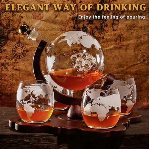 Globe Whiskey Decanter Set with 4 Glasses 850ml, Dad Gifts for Men Him Husband, Christmas Anniversary Birthday Gift for Brother Grandpa, for Liquor Bourbon Scotch Whisky