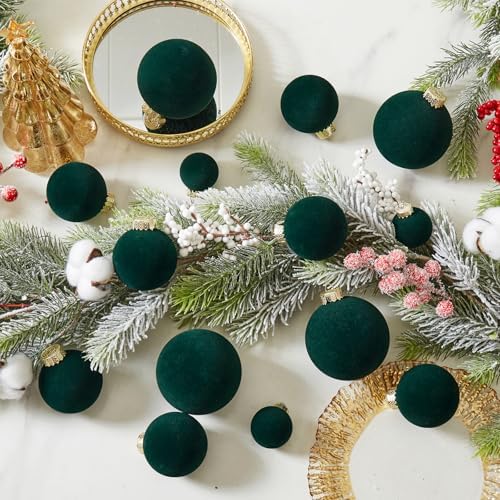 Dark Green Velvet Christmas Ball Ornaments-46pcs Flocked Tree Decorations