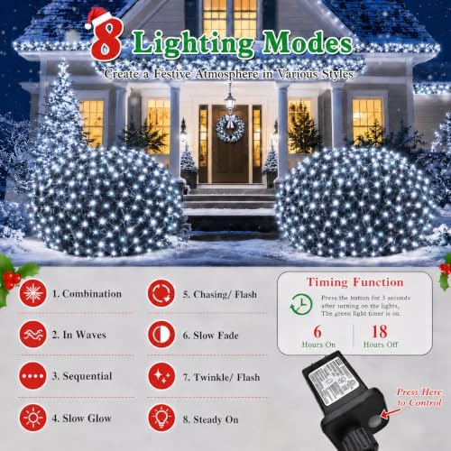 Lovelite 510LED Christmas Net Lights, 28ft x 5ft Net Lights Outdoor 8 Modes, Waterproof Connectable String Lights Green Wire Plug in for Xmas Tree Bushes Garden Holiday Party Decor - Cool White